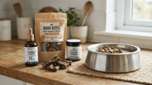 Cat supplies for senior cats featuring daily joint supplement chews near a feeding station