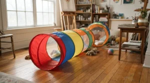 A collapsible play tunnel laid out across a studio floor, demonstrating fun cat supplies for small apartments.