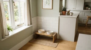 A compact dual-bowl diner tucked into a tight corner, featuring practical cat supplies for small apartments.