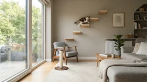 A secure hanging bed attached to an interior door, showcasing space-saving cat supplies for small apartments.