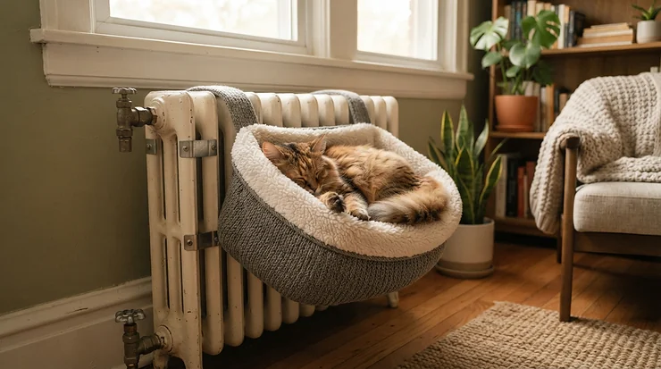 A warm resting basket hung securely on a low heater, ideal cat supplies for small apartments.