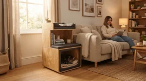 A compact multi-tier resting cube in a cozy den, highlighting functional cat supplies for small apartments.