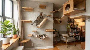 Wooden floating steps mounted on a living room wall, perfect cat supplies for small apartments.
