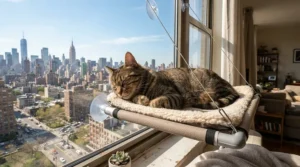 A feline resting on a window-mounted seat, highlighting top cat supplies for small apartments.