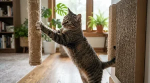 An inquisitive cat interacting with a sisal vs cardboard cat scratcher to show material preference.