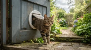 Tabby cat walking through a sliding glass cat door out to a sunny backyard