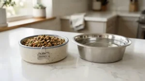 A ceramic vs stainless steel cat bowl durability test on a kitchen counter, showing material safety.