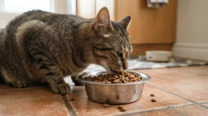An orange tabby cat eating from a ceramic vs stainless steel cat bowl during dinner time