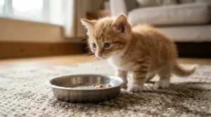 A tiny kitten approaching a small ceramic vs stainless steel cat bowl for breakfast