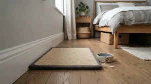 A space-saving sisal vs cardboard cat scratcher tucked neatly into a corner of a bedroom.