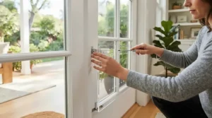 A homeowner successfully setting up a window cat door insert with weatherstripping for insulation.