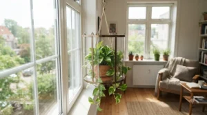 A protective hanging basket functioning as a plant protector for cats in an apartment