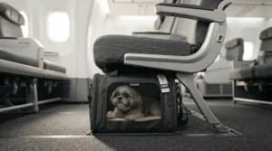 A compact hard-sided vs soft-sided cat carrier positioned beneath an airplane seat mock-up.