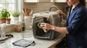 A plastic hard-sided vs soft-sided cat carrier undergoing cleaning with a sponge in a bright kitchen.