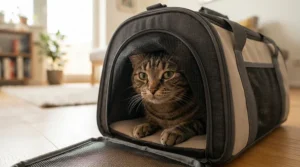 A curious cat peeking its head through the mesh door of a hard-sided vs soft-sided cat carrier indoors.