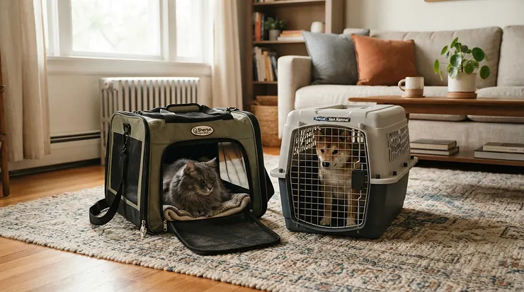 A hard-sided vs soft-sided cat carrier placed side by side on a modern living room rug, ready for a road trip.