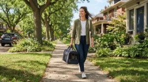 A traveler carrying a lightweight hard-sided vs soft-sided cat carrier along a sunny suburban sidewalk.