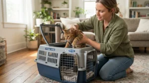 A cat owner gently placing a feline into the top-loading hatch of a hard-sided vs soft-sided cat carrier.