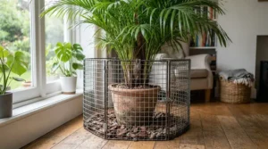 A durable wire plant protector for cats safeguarding a tropical palm against playful pets