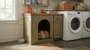 A dedicated laundry room setup featuring an interior cat door for hidden litter box access