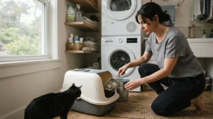 An owner scooping a hooded covered vs open litter box while testing daily home odor control.