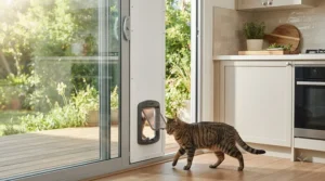 A white window cat door insert placed neatly inside a sliding kitchen glass panel during springtime.