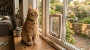 An orange tabby cat sitting on a windowsill next to an open window cat door.