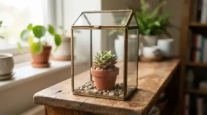A clear acrylic plant protector for cats covering a small succulent on a wooden bookshelf