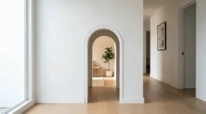 An interior cat door installed neatly in a white drywall hallway wall