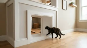 An interior cat door with a telescoping tunnel extension fitted in a thick drywall partition