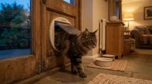 Large cat coming home through a sliding glass cat door in the evening