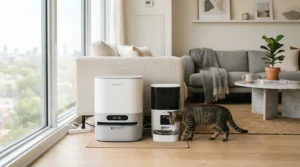 Side by side placement in a modern living room for a litter robot vs petkit evaluation