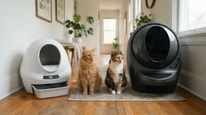 Two cats waiting near units for a litter robot vs petkit multi-cat test