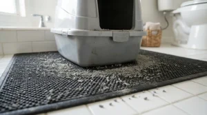 Scattered granules on the mat around a covered vs open litter box in a mudroom.