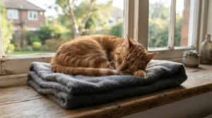 A sleeping feline curled up on luxury cat supplies featuring a soft cashmere blanket on a wooden window perch.