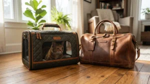 A stylish pet carrier showcased as part of luxury cat supplies ready for an upscale weekend getaway.