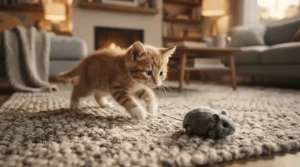 A playful kitten chasing a glowing automated device from a collection of luxury cat supplies on a rug.