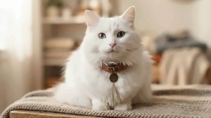 A pampered Persian cat wearing luxury cat supplies like a soft leather collar with a polished metal charm.