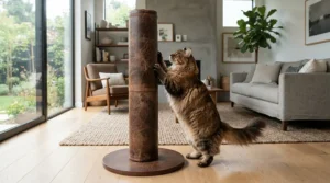 A fluffy Maine Coon scratching on luxury cat supplies like a genuine leather scratching post in a chic apartment.