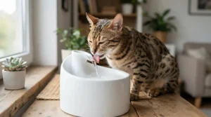 A curious Bengal cat drinking from luxury cat supplies such as a minimalist ceramic smart water fountain.