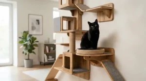 A sleek black cat exploring luxury cat supplies including a multi-tier architectural wooden climbing tree.