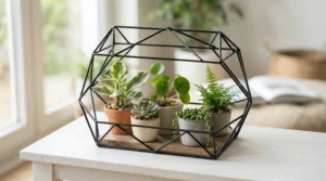 A sleek geometric plant protector for cats holding a modern houseplant arrangement
