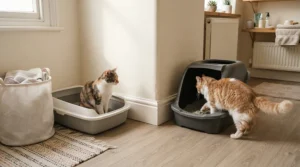 Two cats interacting near a covered vs open litter box station in a suburban home.