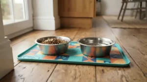 A neat feeding station showcasing new cat owner essentials including stainless steel bowls and a waterproof mat.