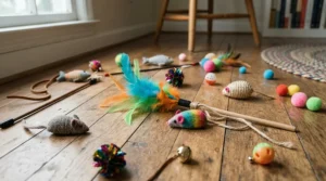 Interactive feather wands and plush mice displayed as part of new cat owner essentials for playful bonding.