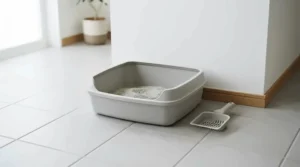 Setting up the litter box area with new cat owner essentials in a quiet corner of the laundry room.