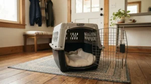 A sturdy pet carrier prepared with a soft blanket, representing vital new cat owner essentials for safe travel.