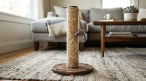 A kitten exploring a sisal scratching post, highlighting essential supplies needed as new cat owner essentials.