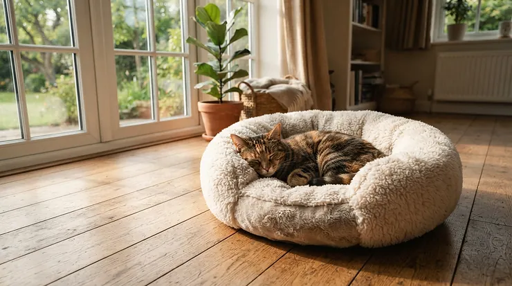 A cozy plush cat bed positioned in a sunny spot, demonstrating comfortable new cat owner essentials.