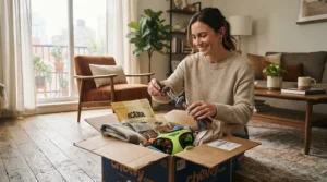 Unpacking a cat starter kit featuring new cat owner essentials like a cozy bed and ceramic bowls on the floor.
